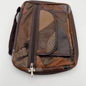 Zip Around Brown Leather Patchwork Bible Cover Carry Case with Handle